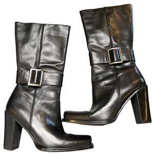 Vtg Y2K Liz Claiborne Womens Harington Boots 8.5M Black Buckle Block Heel Biker
